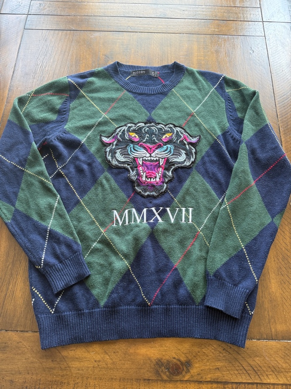 Hudson Outerwear Men's Navy & Green Argyle Sweater with Embroidered Tiger